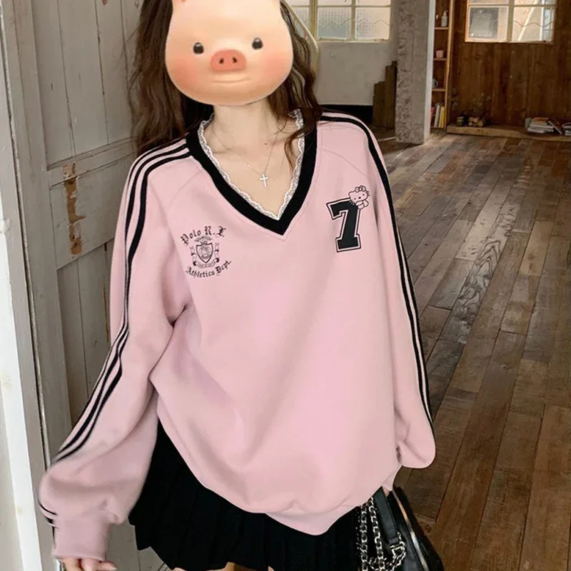 

Lace Edged V-neck Printed Contrasting Long Sleeved Women's Sweatshirt Spring Autumn New Sweet Stylish Loose Chic Top for Women