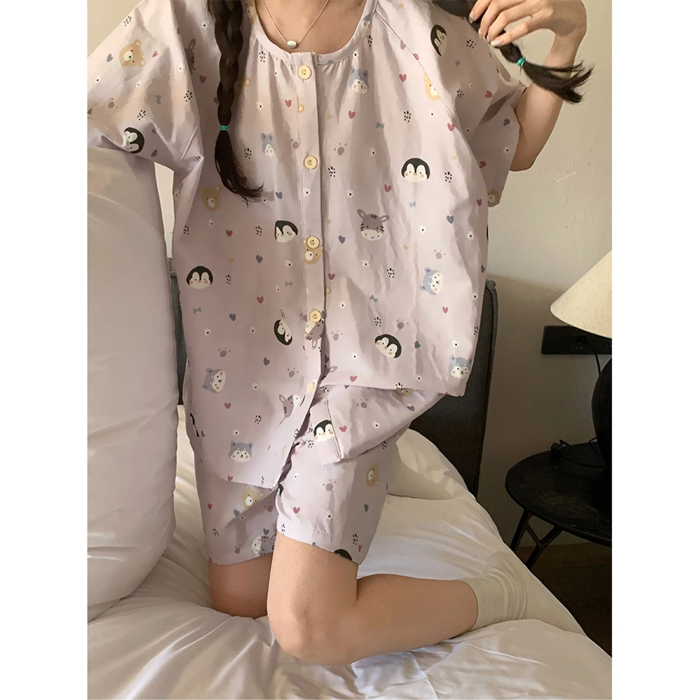 

Pink Cartoon Penguin Print Pajamas Women's Summer Cotton Short Sleeve Shorts Simple Sweet Loungewear Set