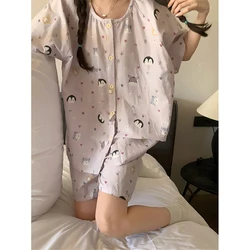 Roze Cartoon Pinguïnprint Pyjama Dames Zomer Katoenen Korte Mouw Shorts Eenvoudige Zoete Loungewear Set