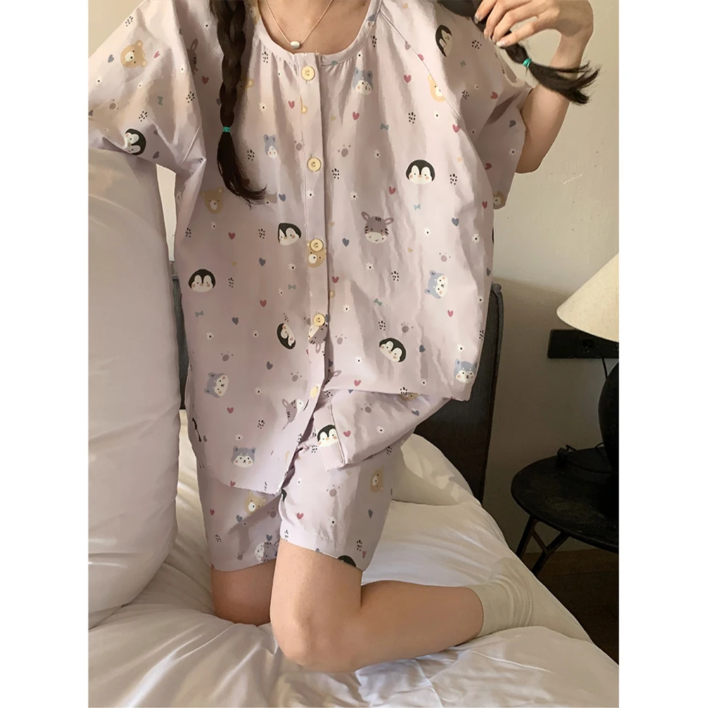 Pink Cartoon Penguin Print Pajamas Women's Summer Cotton Short Sleeve Shorts Simple Sweet Loungewear Set