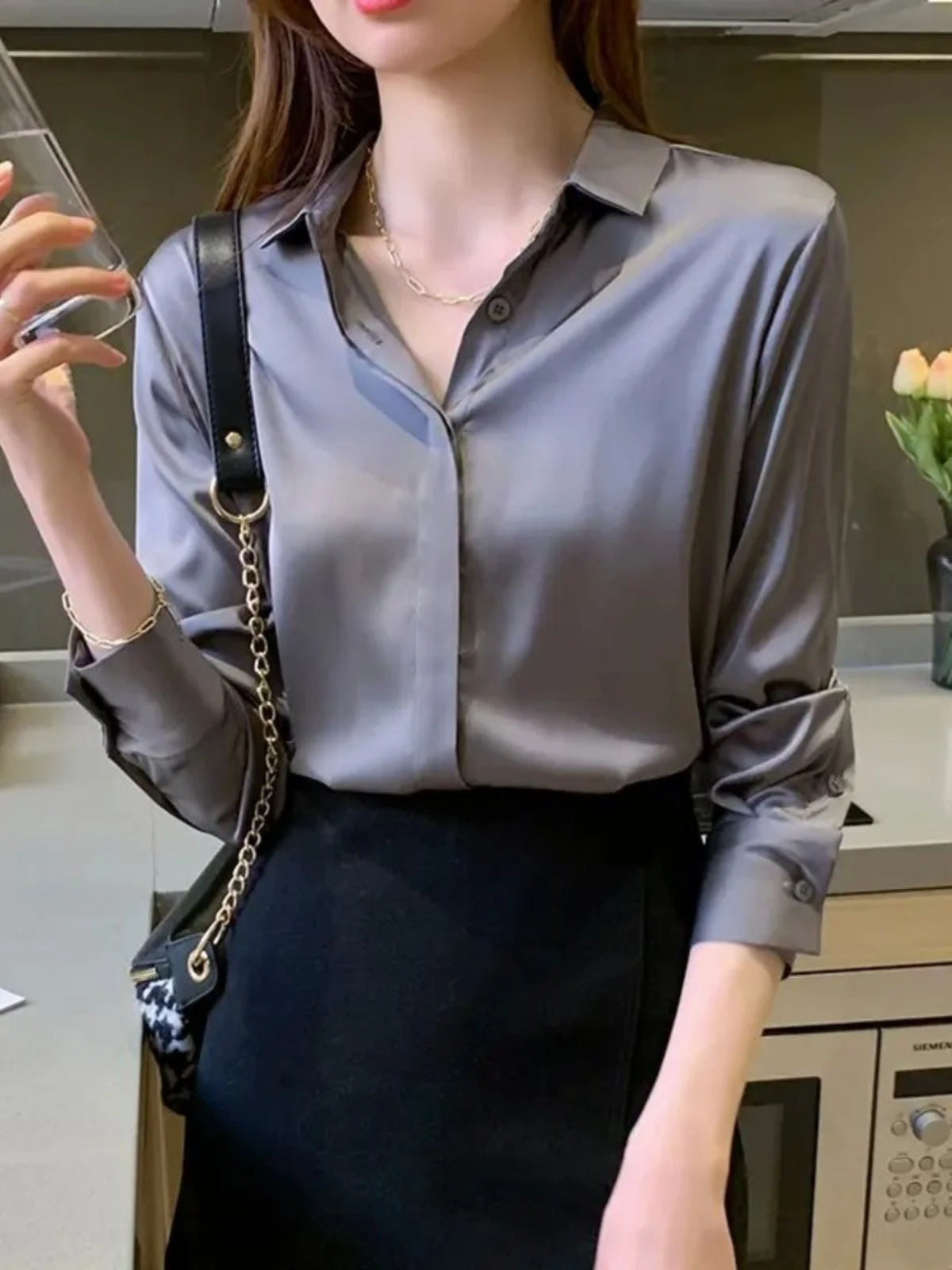 Simple Long Sve Damen irt Pure Color Street Sle Button up Slim Fit Casual Faion Autumn Collection
