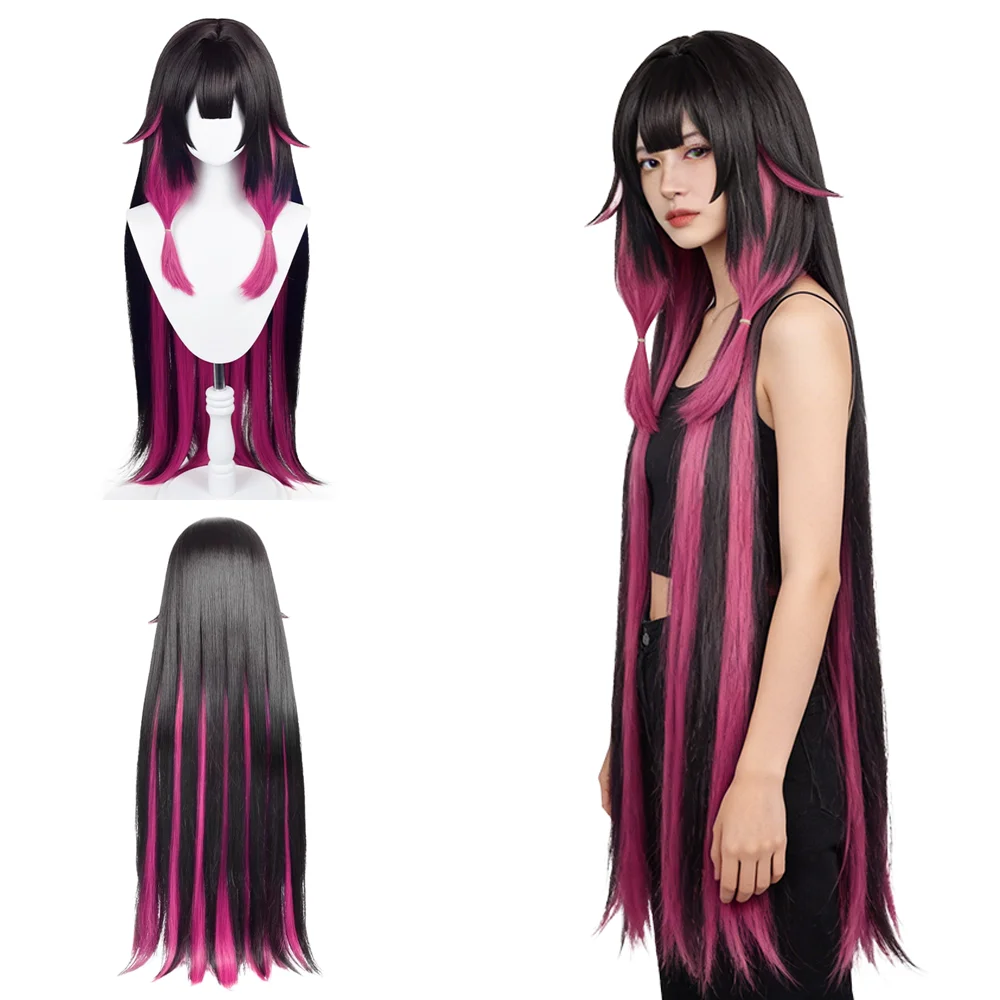 Columbina Cosplay Wig Black Pink Highlights Long Straight with Bangs Synthetic Hair For Anime Cosplay Halloween Party Daily Wear