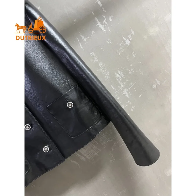 2025 Winter Leather Jacket Short Stand Collar Pockets Solid Color, 100% Genuine Sheepskin Shiny Fashion Temperament Women's Coat