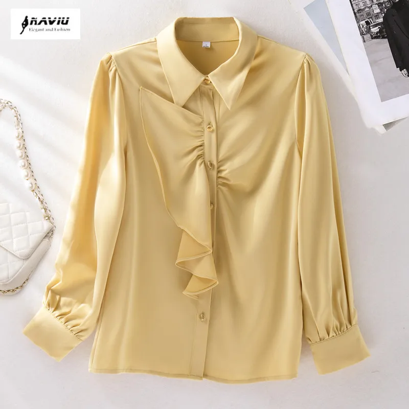 NAVIU Spring Long Sleeve Turn-down Collar Ruffles Tie Chiffon Shirts Women Office Work Wear OL Satin Blouses Lady Tops Yellow