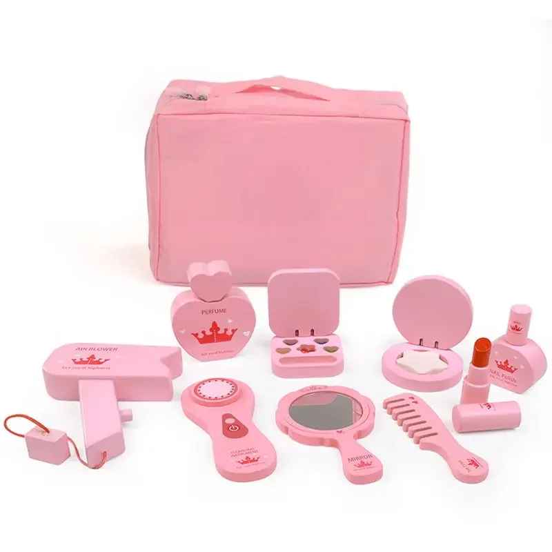 

Children Wooden Pretend Play House Pink Makeup Bag Simulation Girl Dressing Table Cosmetics Toys Princess Birthday Gifts