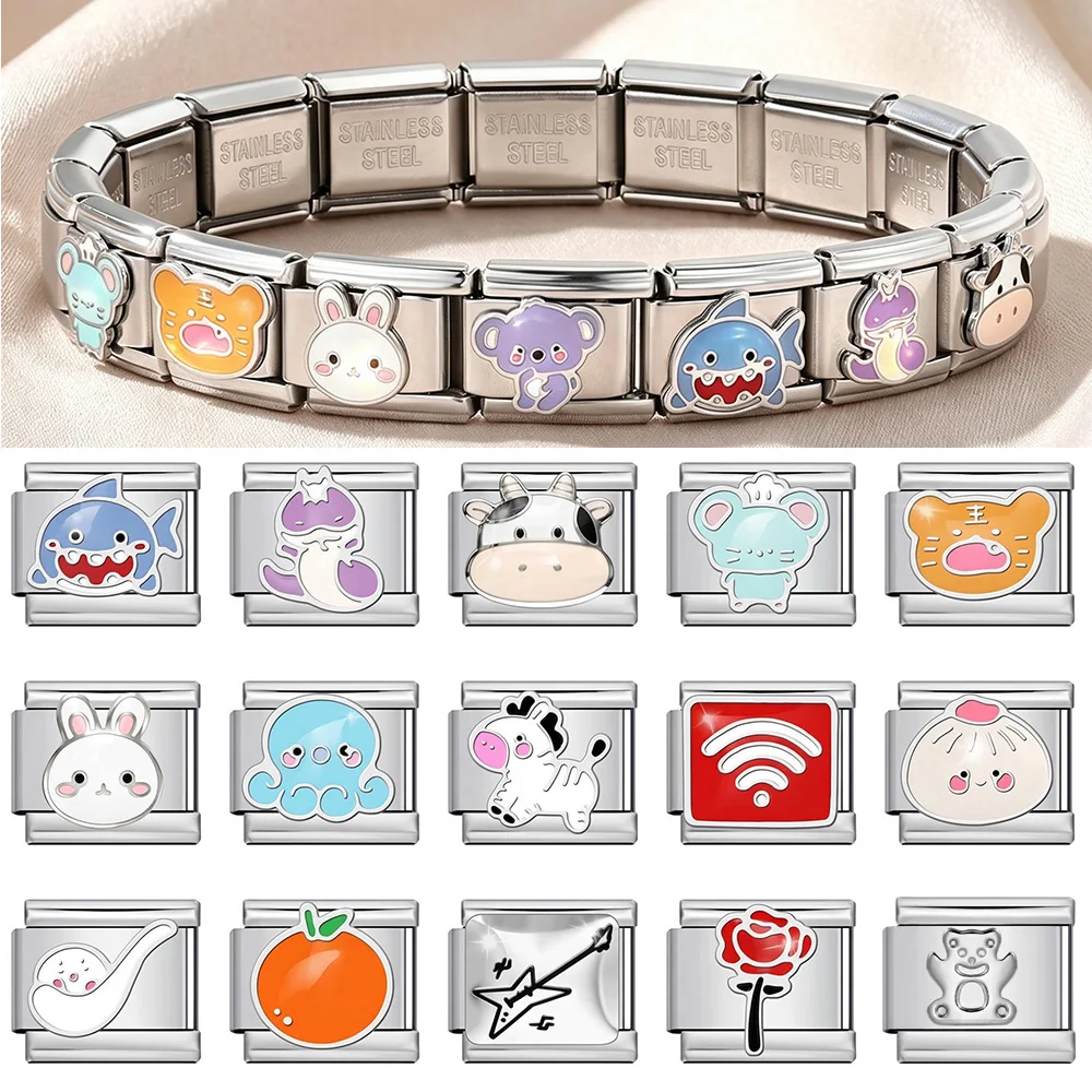 Emaille-Teddybär-Anhänger mit Tiermuster, Cartoon-Geschenk, italienischer Charm-Anhänger, passend für 9mm Armbänder, DIY-Schmuck aus Edelstahl für Damen und Herren – Detail 1