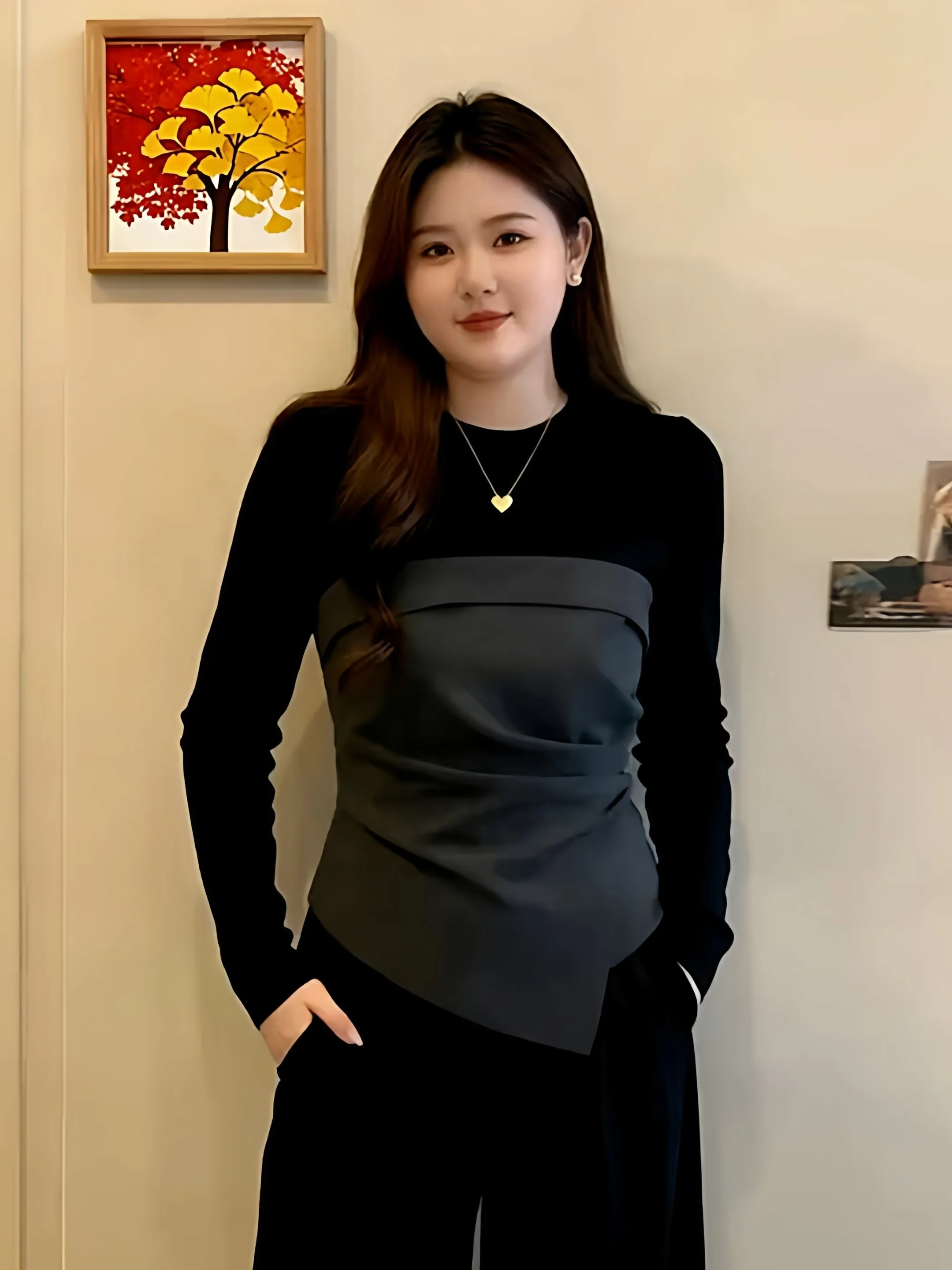 

Casual Sle plus Size Women's T-irt Fake Two-Piece Long Sve Asymmetrical Design Slimming Waist Casual Top Spring Wear