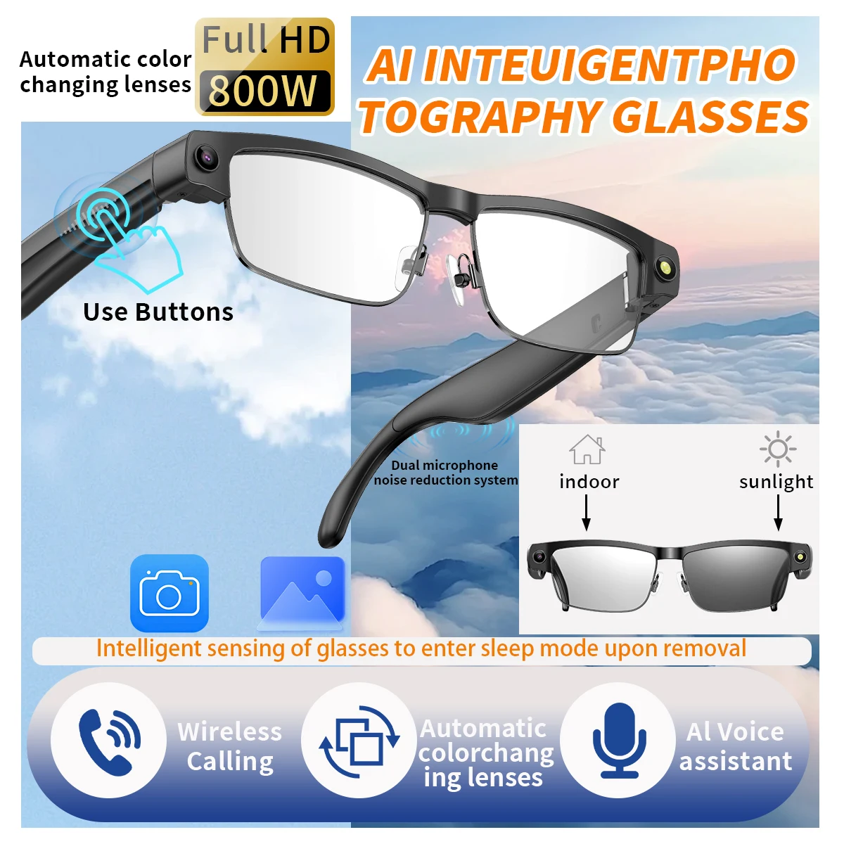 

LIGE 800W HD Camera Smart Glasses 1200P HD Videos Recording Chat Translation Voice Control Call Sunglasses Color-changing Lenses