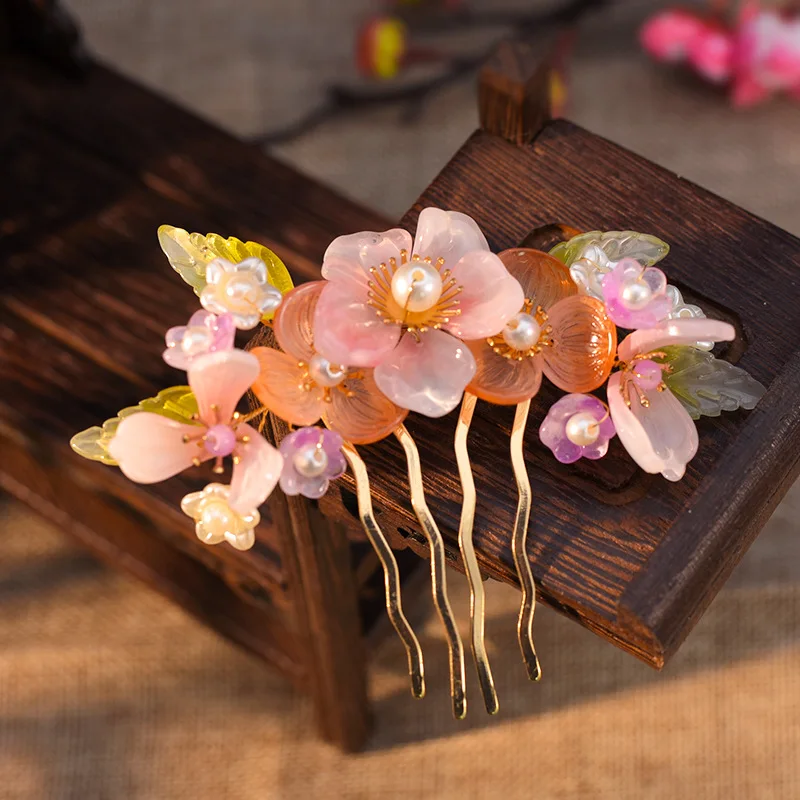 Fairy Hair Comb Chinese Style Flower Hairpin Forks For Women Hanfu Party Decor Beads Vintage Hair Jewelry Photograph Headpiece