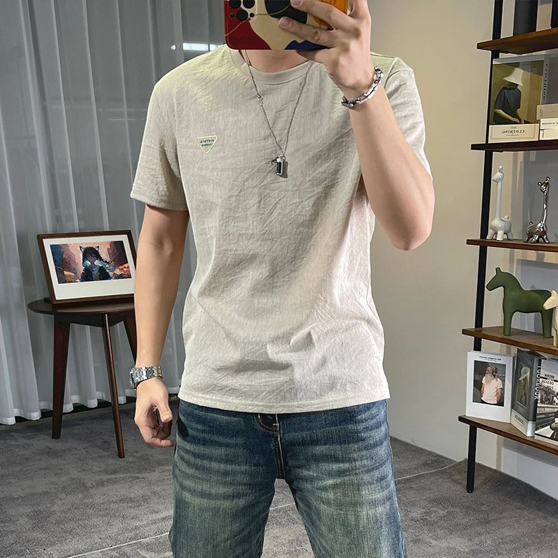 

Fashion Men's Linen Cotton Short Sleeve T-Shirt Trendy Round Neck Top Lightweight Comfortable Daily Streetwear