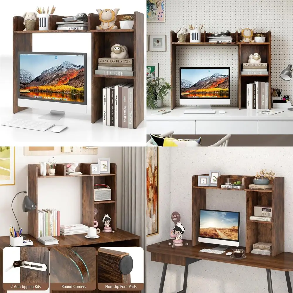 

27 Monitor Stand with 5-Tier Storage Rack, Wood Desk Organizer for Office and Dorms, Brown