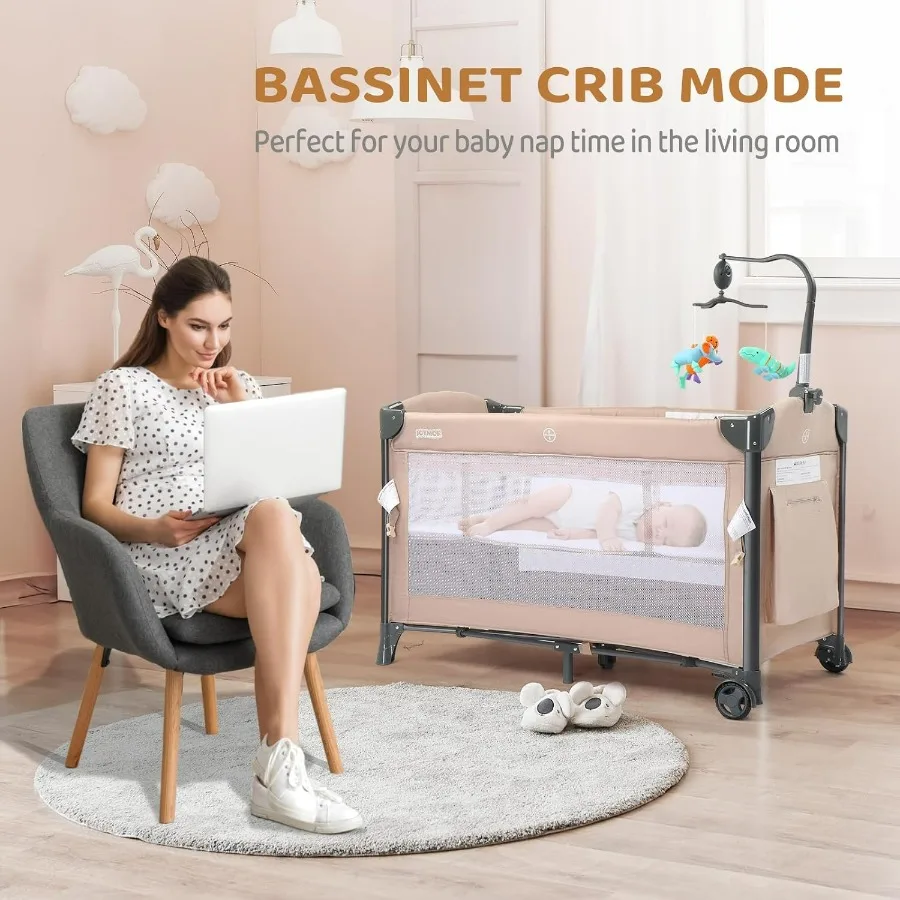 ベビーベッドサイドバシネット、ベビーバシネット、パックンプレイコンバートプレイペン、クイック折りたたみ式トラベルベッド（ホイール＆ブレーキ付き）、キャリーバッグ付き