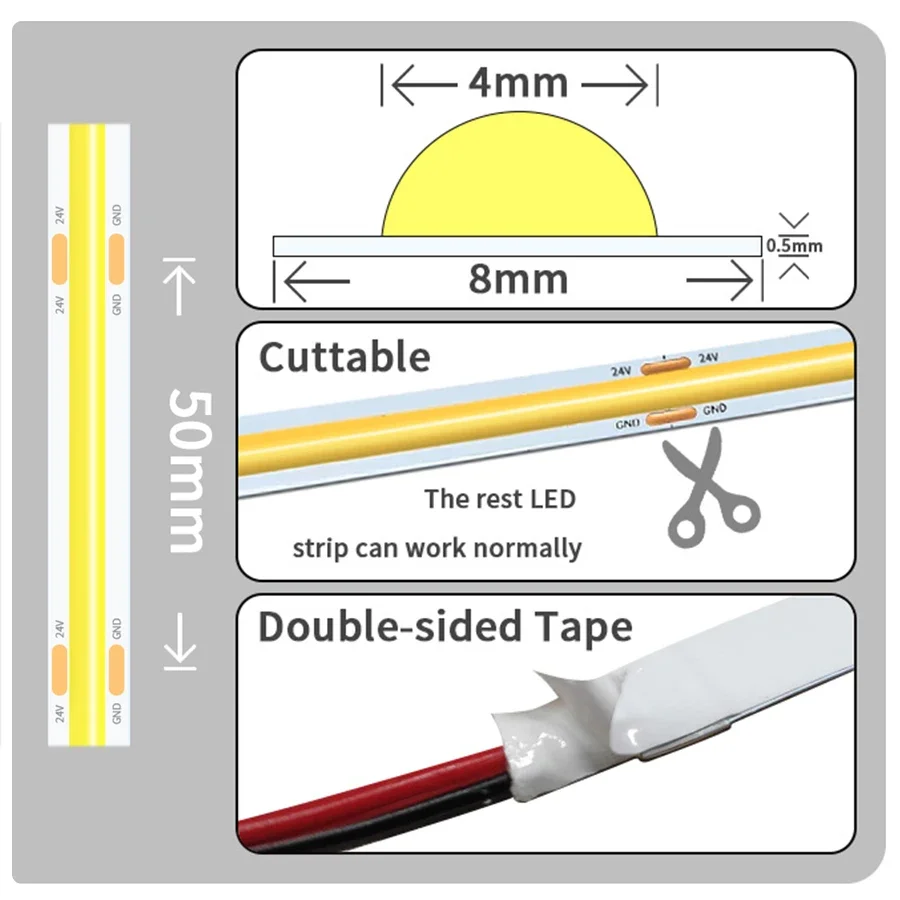 24V 12V COB LED Strip Light 8mm 320LEDs/M High Density Flexible Diode Tape Ribbon for Room Decor 1M 2M 3M 5M 10M Linear Dimmable