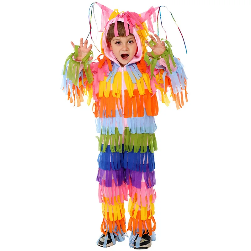 New Arrivals Boys Unisex Paper Pinata Fancy Dress Up Hallowen Kids Colorful Hooded Jumpsuit Mexican Piñata Costume for Child