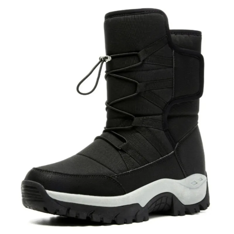Couple Snow Boots Unisex Mid Calf Winter Boots Men Warm Fleece Lined Waterproof Drawstring Non-slip Thick Sole Outdoor Ski Boots