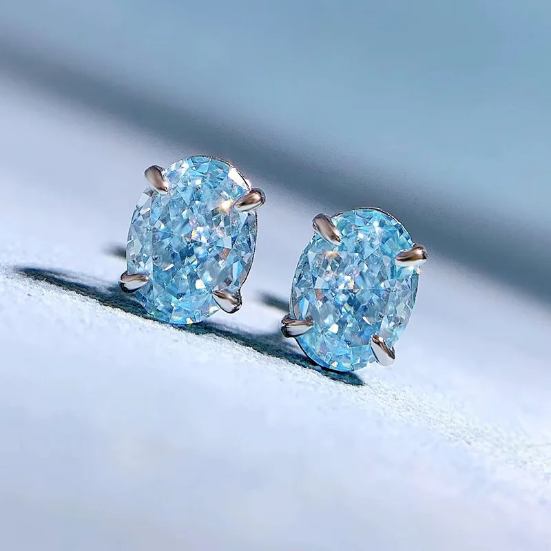 2022 new 925 sterling silver imported high carbon diamond 6*8mm aquamarine zircon earrings  ins