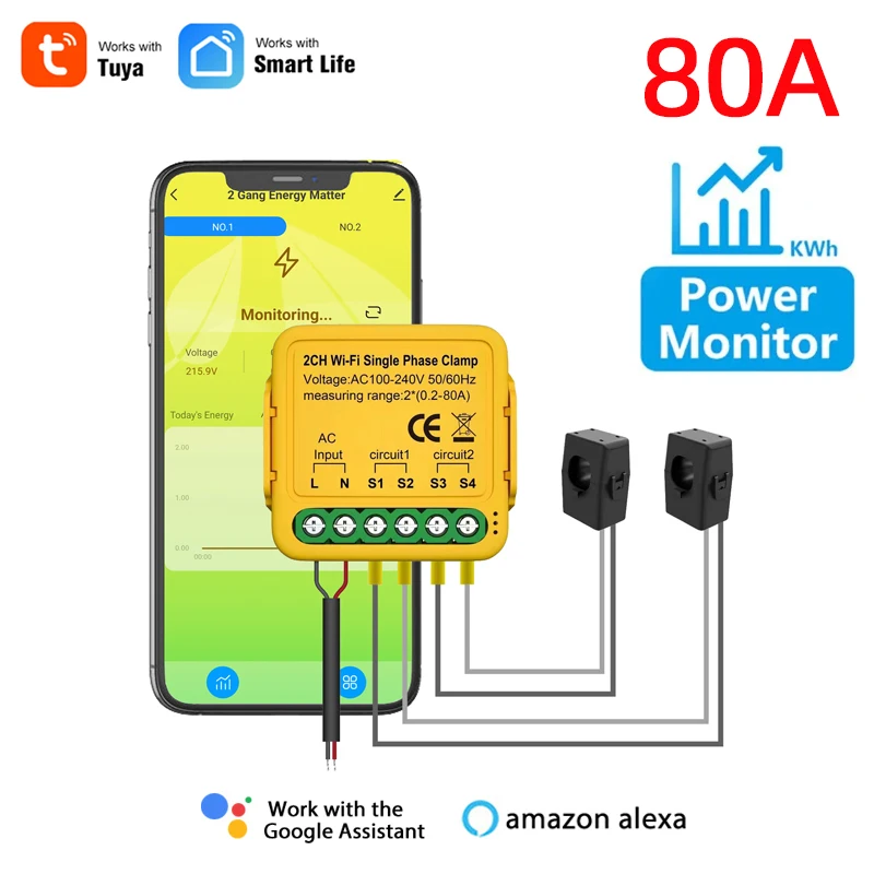 Tuya Smart Life WiFi Switch with Max 80A Energy Monitor,Current Transformer Clamp KWh Power Monitor Electricity Statistics