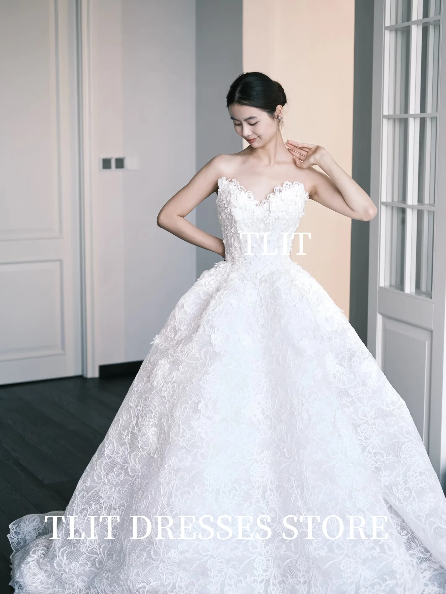 TLIT Элегантные кружевные свадебные платья Корейские свадебные платья Фотосессия с пышным шлейфом Длинные свадебные платья Корсет сзади по индивидуальному заказу