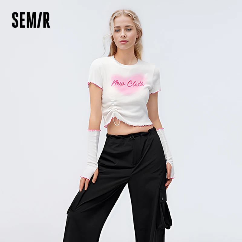 Semir T-shirt Women Short Tops Tight 2024 Summer New Short-sleeved Printed Stringy Selvedge Drawstring Sweater Tee shirts