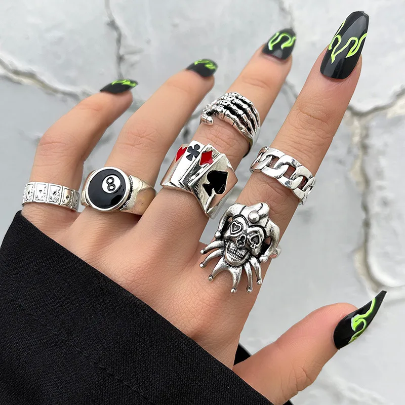 6 Piece Set Poker Clown Rings for Men Vintage Punk Skull Head Ghost Claw Fashion Ring For Women Unisex Motor Biker Ring