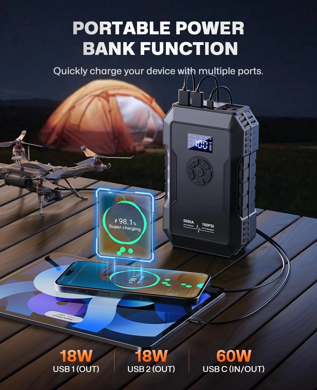 

Автомобильный аккумуляторный стартер с воздушным компрессором 160PSI, 5000A, 60 Вт, портативный аккумулятор для стартера (все газы/10 л дизеля), горячая распродажа