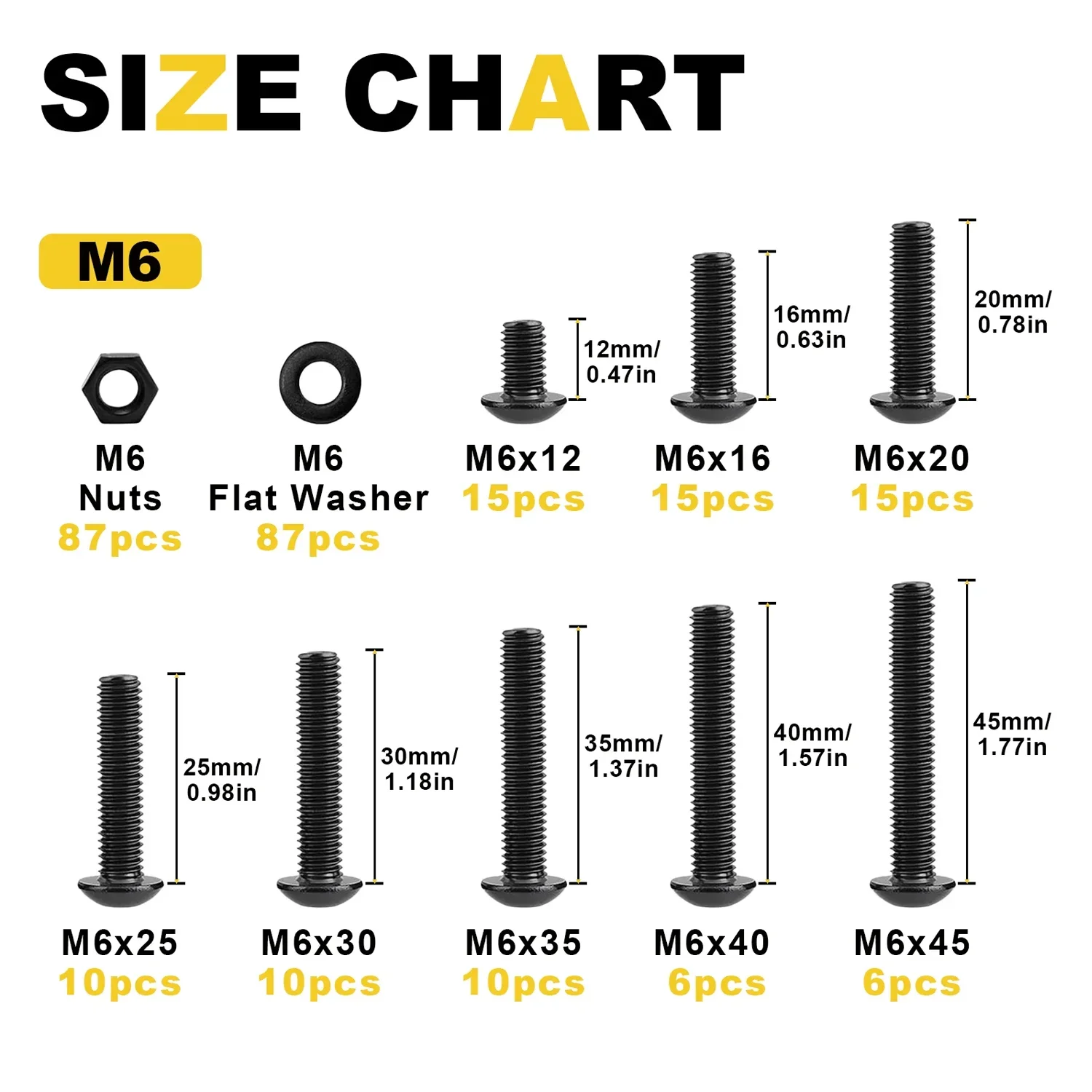 261-Piece M6 Round Head Bolt Combo Set. Black Carbon Steel with Zinc Plating. Button Head Hex Socket Bolts, Nuts and Washers.