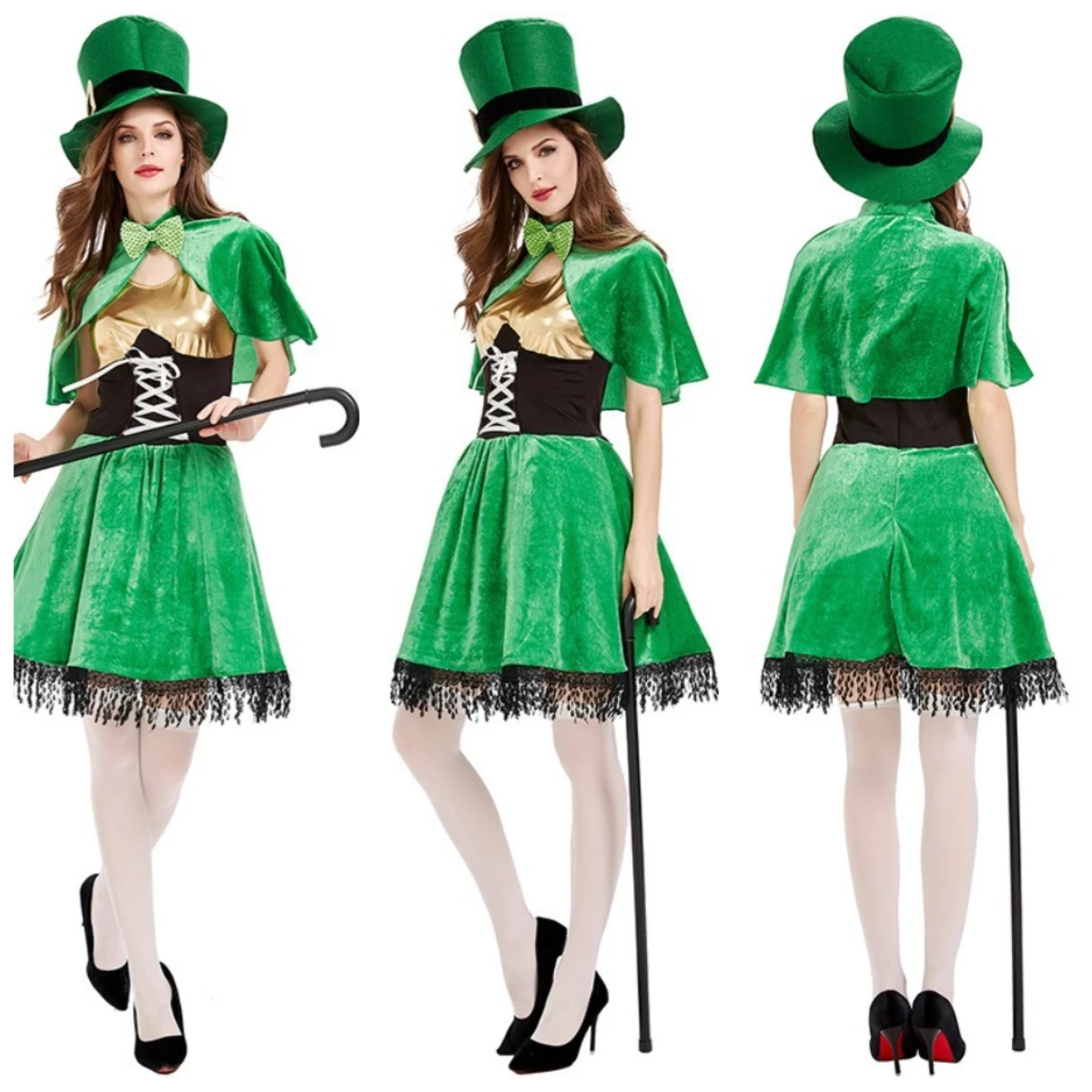 Disfraz de leprechaun verde para mujer, atuendo para el Día de San Patricio con sombrero de copa, capa y falda, ideal para fiestas irlandesas, actuaciones en el escenario y disfraces. PS66.