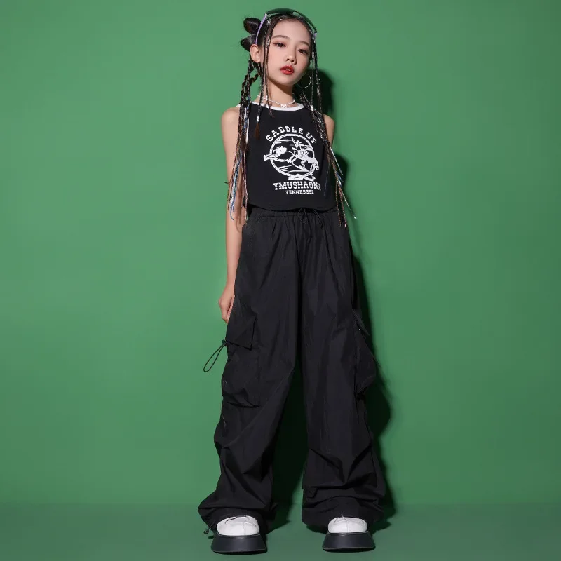 Girls Boys Jazz Dance Costume Clothes Hip Hop Clothing Black Tactical Cargo Jogger Pants for Girls Ballroom Clothes Outfit Stage