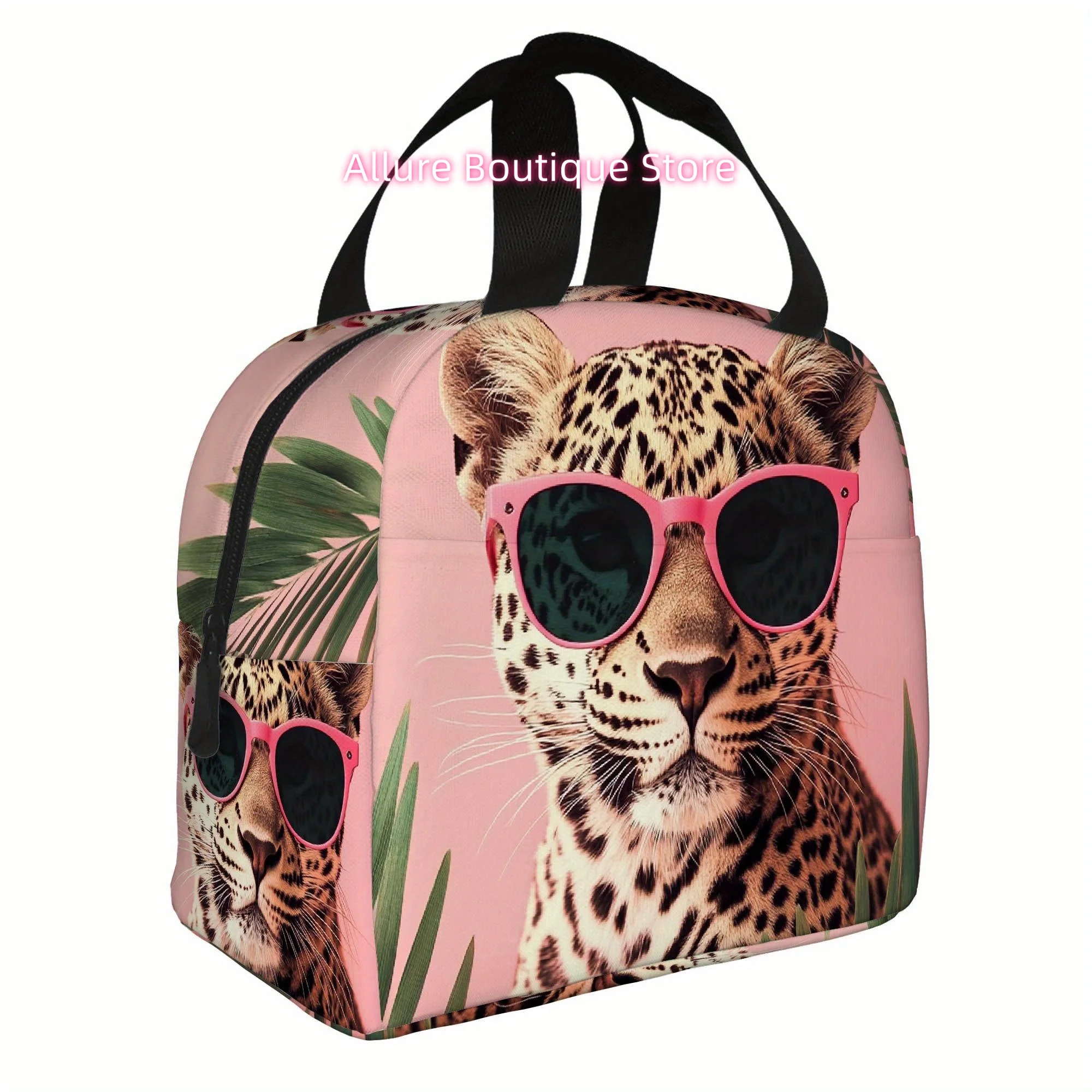 1pc Leopard with Fashion Glasses Thermal Insulated Bag - Pink Tropical Animal Print, Non-Food Contact Insulated Cooler for Home,