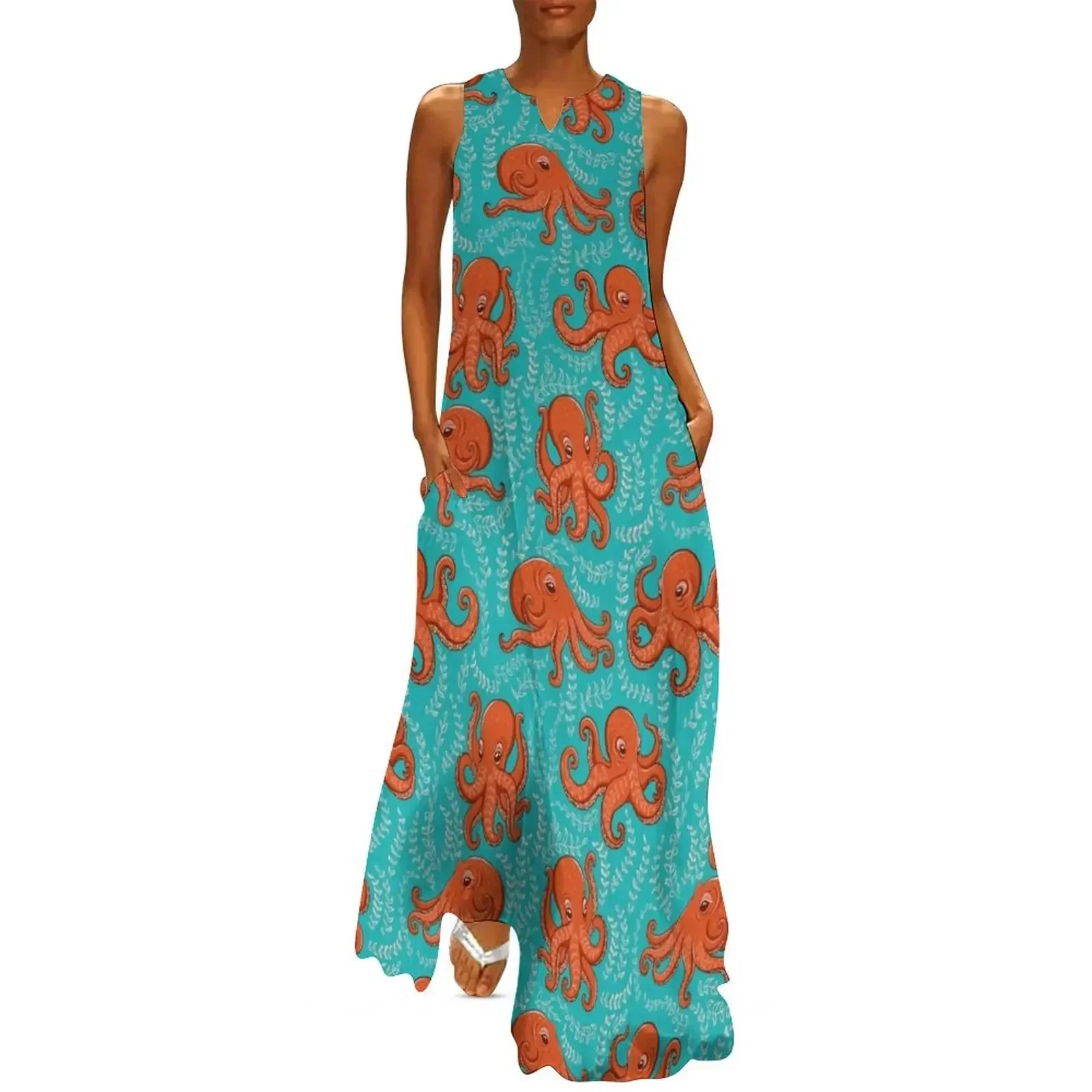

Fun orange octopus on turquoise background. Long Dress evening dress ladies summer woman dress 2025 Women's summer dresses