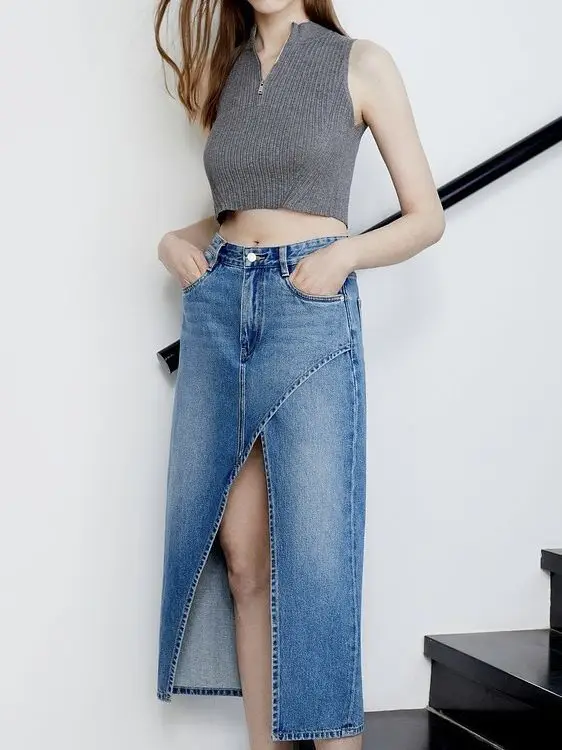 

Women's High Waist Denim Midi Skirt Female Casual Fashion Bottom Split Long Skirts for Summer 2023 New skirts for women