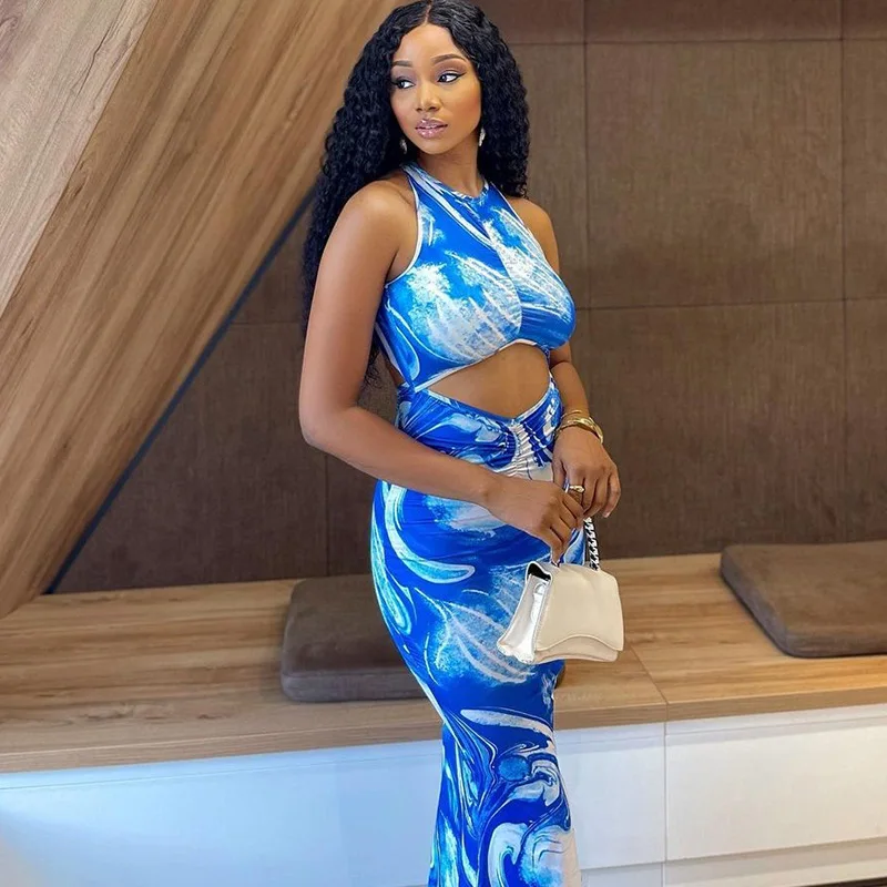 

Women's O-Neck Sleeveless Hollow Out Dress, Cross Backless, Hips Wrapped, Sexy