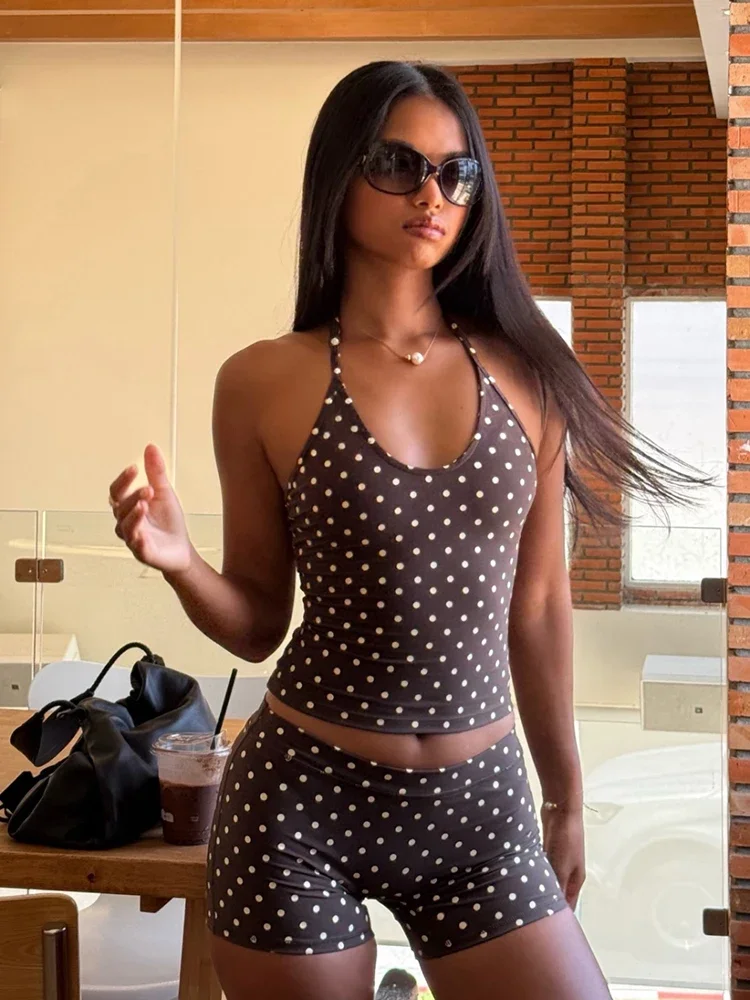 Women Polka Dot Halter Neck Yoga Matching Set Soft Stretch Gym Running High Waist Short Outfit
