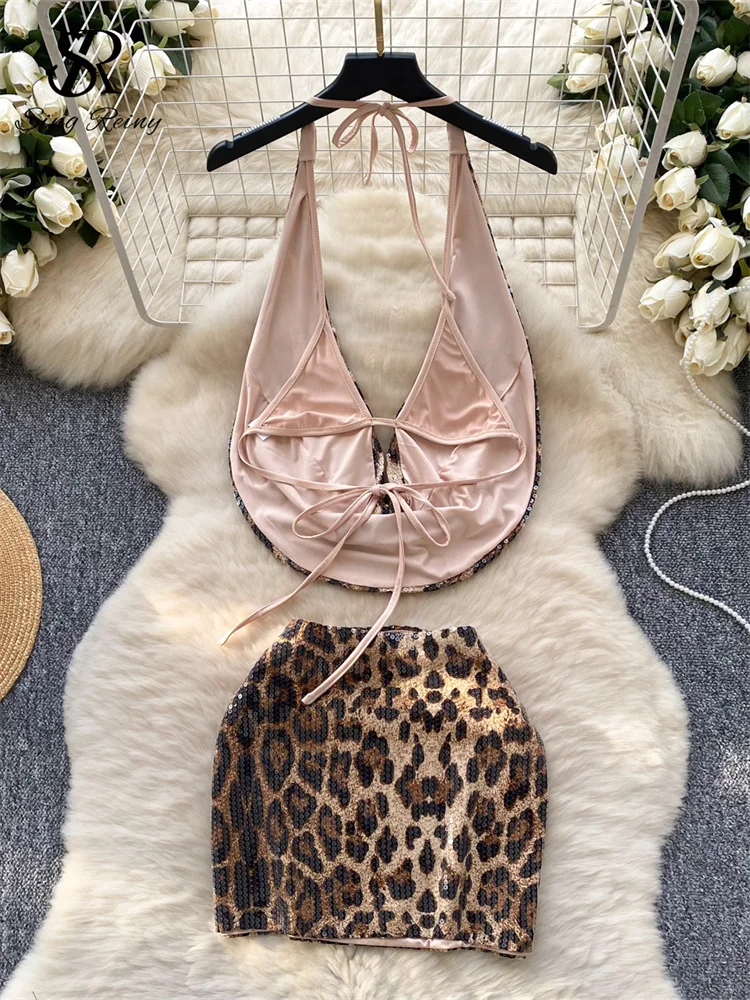 SINGREINY Fashion Clubwear Sexy Two Pieces Suits Halter Backless Mini Top+Bodycon Short Skirt Female Sequins Design Leopard Sets