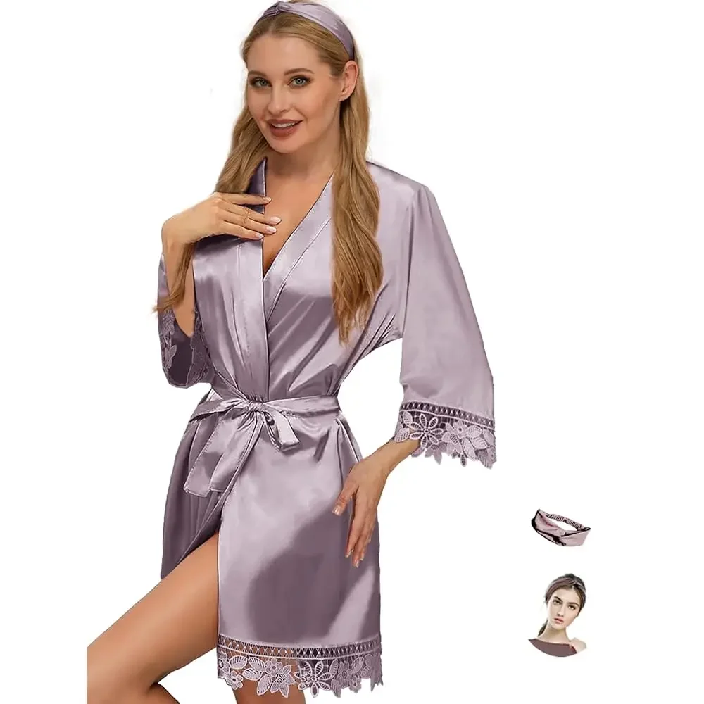 

Женские атласные халаты-кимоно из 2 предметов, кружевные халаты для невесты и подружек невесты, шелковистая домашняя одежда для сна, свадебные халаты