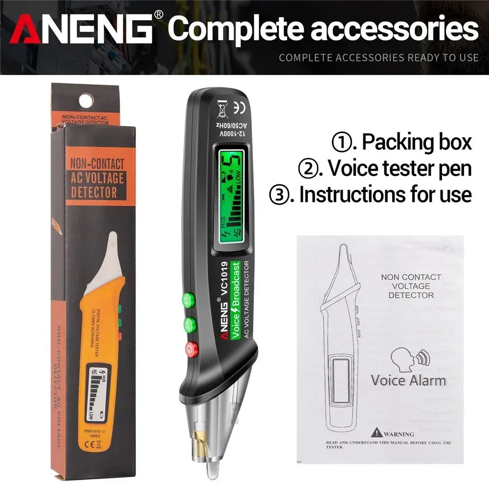 ANENG VC1019 Rilevatori di interruttori automatici, corrente 12V-1000V Volt senza contatto Intelligente Tester per trasmissione vocale Penna Strumenti cavo t