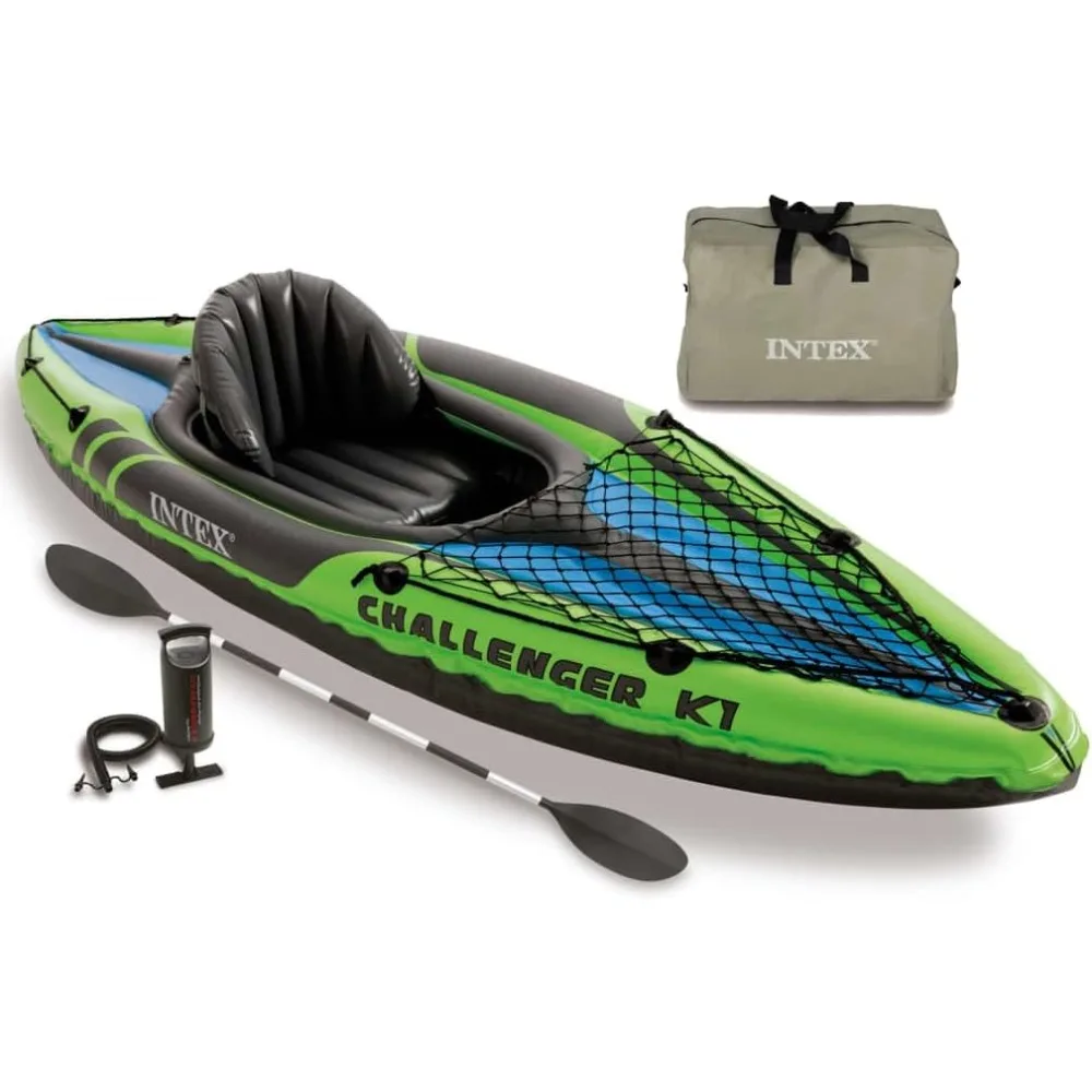 Challenger K1 Kayak 1 Man Inflatable Canoe with Aluminum Oars and Hand Pump, Green/Blue