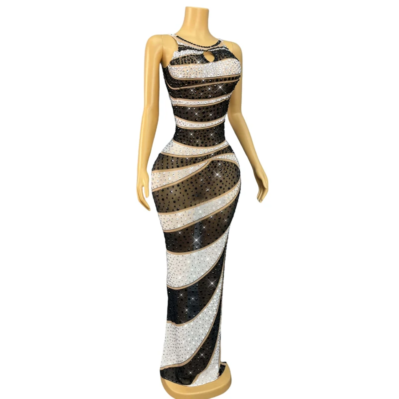 女性祝うイブニングドレス白黒ラインストーンフェスティバル衣装歌手ジャズ衣装ステージパフォーマンスドレス XS10059