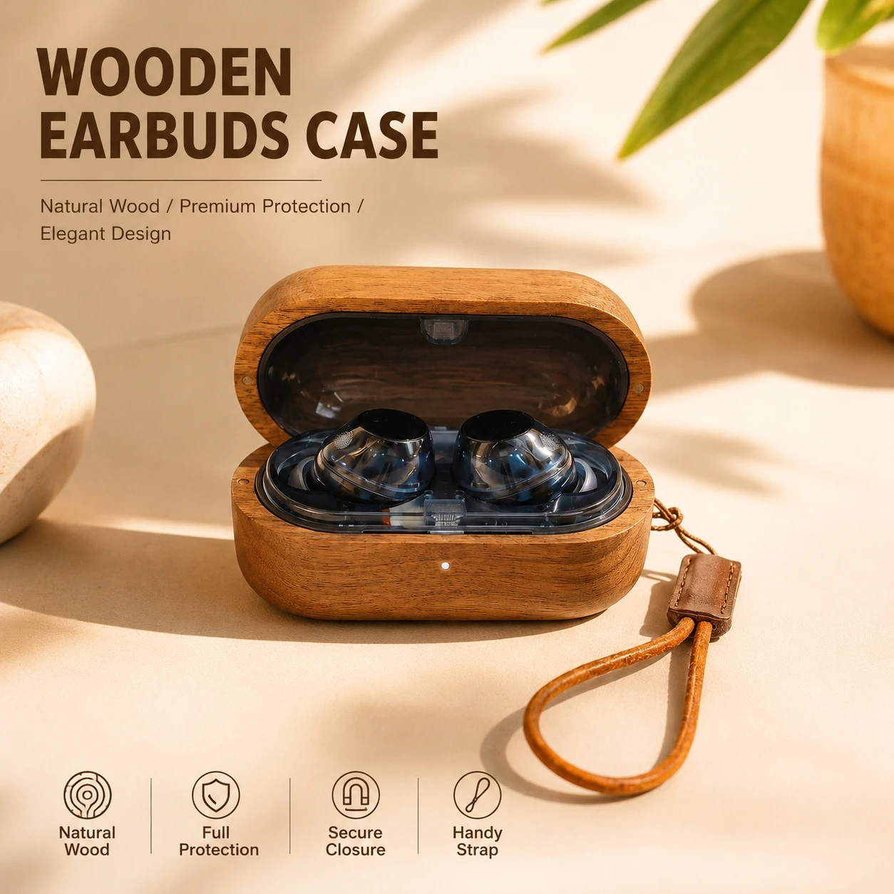 For Sony WF-C710N Handcrafted Walnut Wood Protective Case Full Cover Split Design Cover with Lanyard