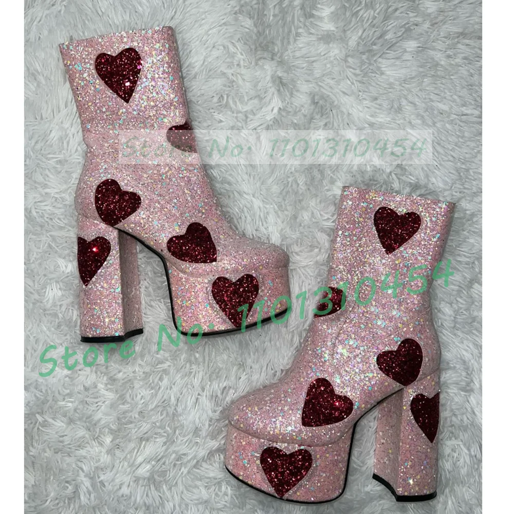 Pink Glitter Platform Ankle Boots Women Lovely Red Heart Decals High Block Heels Shoes Ladies Sparkly Fashion Party Dress Boots