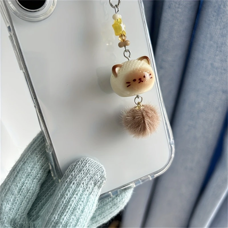 3D Kitten Phone Chain Resin Cat Keychain Student Cute Bag Pendant Anti Lost Phone Lanyard Strap with Heart Hook Women Girls Gift