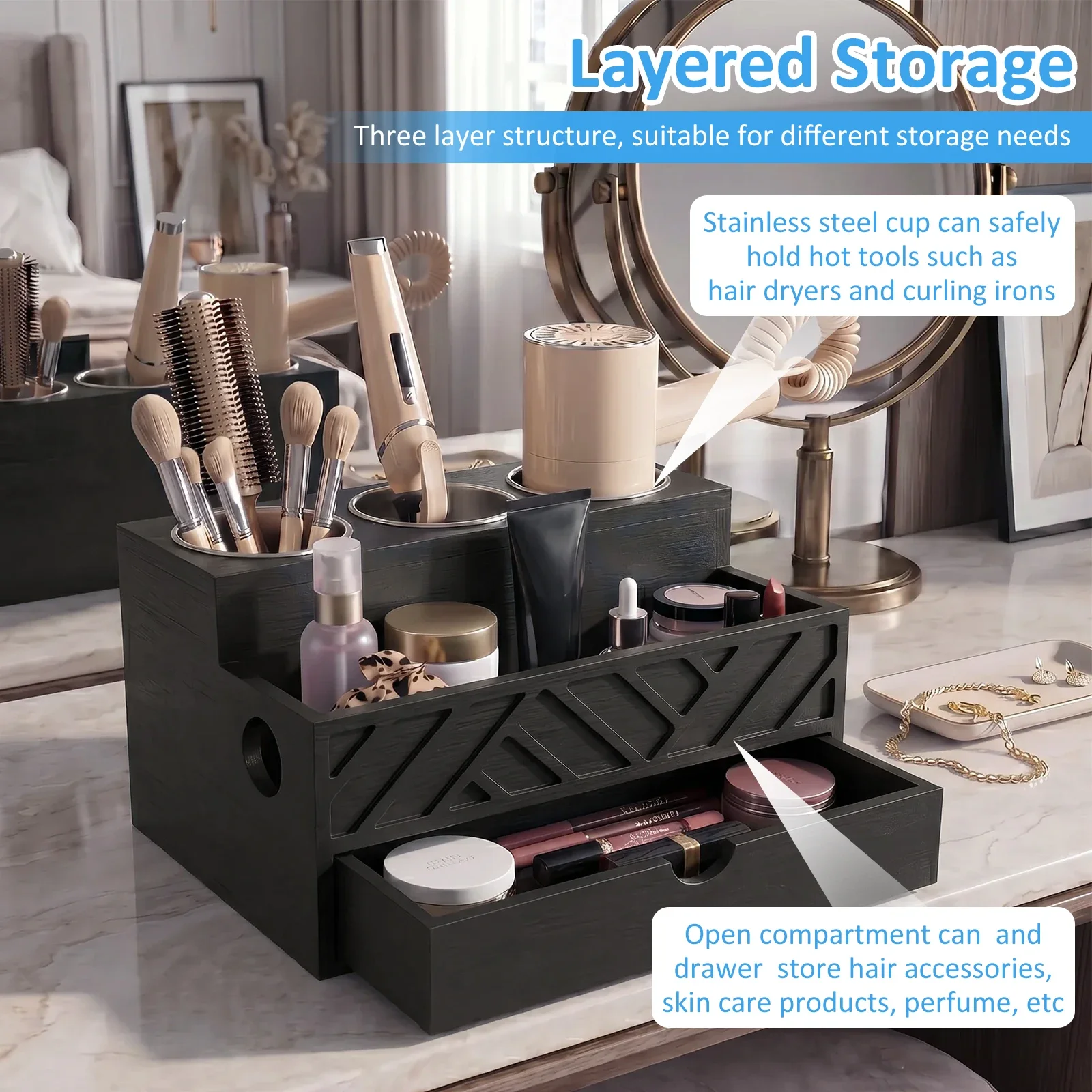 2/3 Tiers Tabletop Storage Box Wooden Hair Tool Organizer with 3 Stainless Steel Cups Hair Blow Dryer Holder Cosmetics Organizer