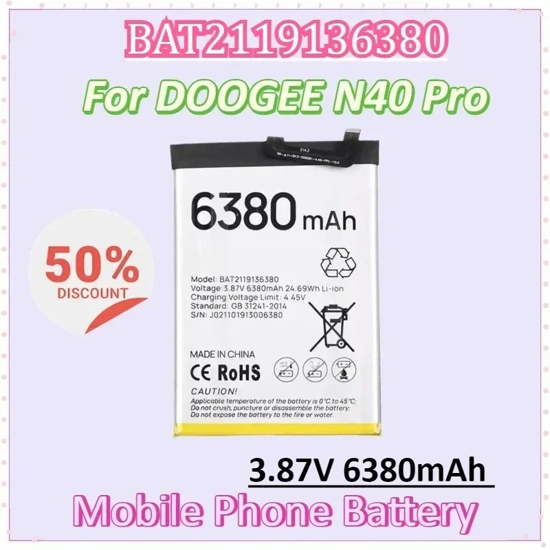 

BAT2119136380 3.87V 6380mAh Mobile Phone Battery for DOOGEE N40 Pro 6.52'' Accessories Battery