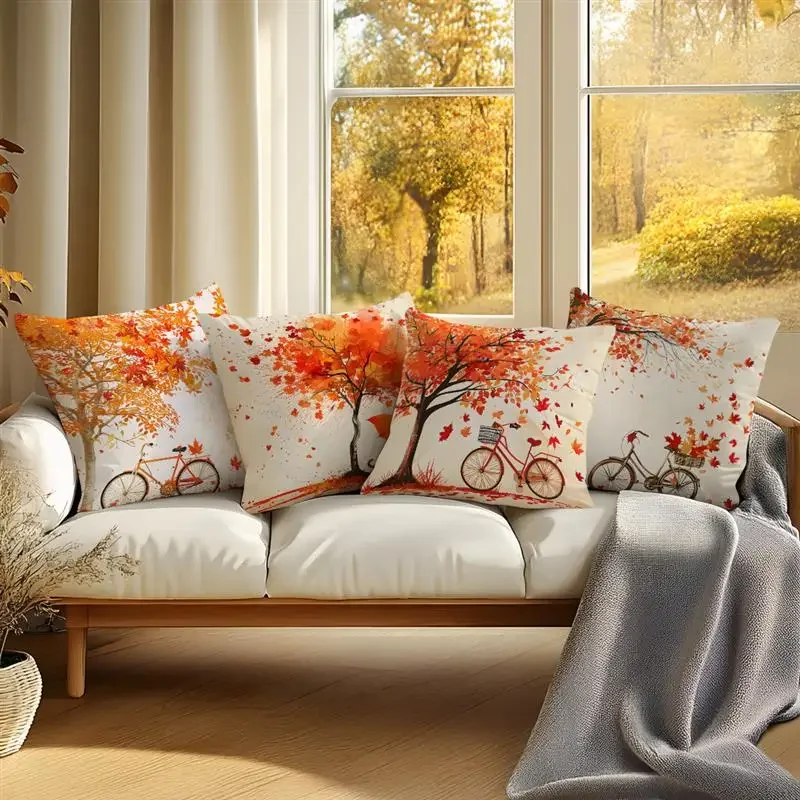 Home Decor Autumn Trees & Bicycles Decorative Pillow Covers Pattern Cushion Cover Suitable for Sofa Bedroom Car Pillow Cover
