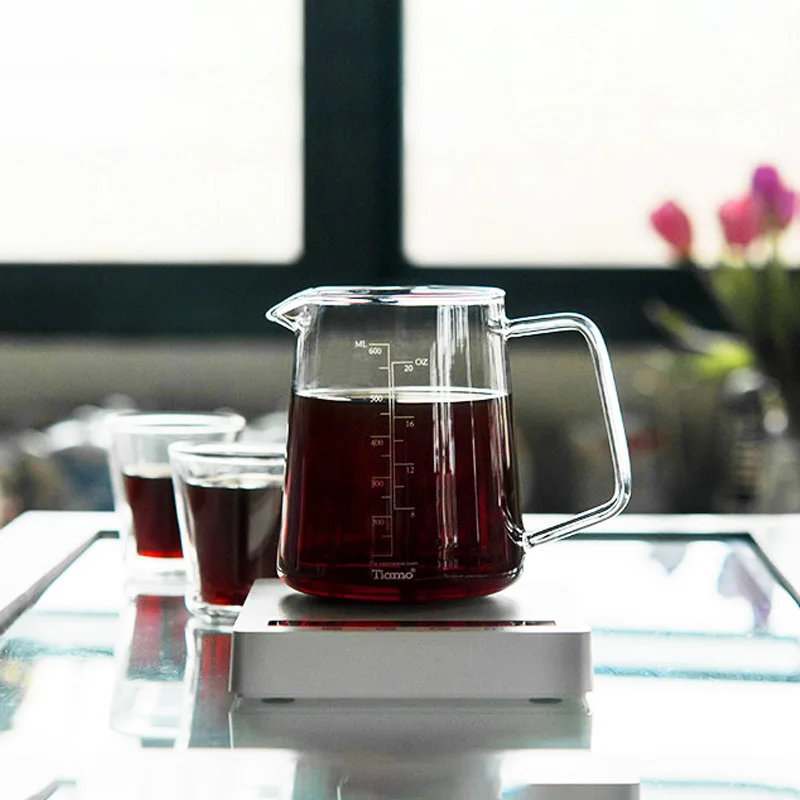 Tiamo Heat-Resistant Glass Pour-Over Coffee Pitcher, 400/600 Ml, with Measurement Markings for Drip and Pour-Over Brewing