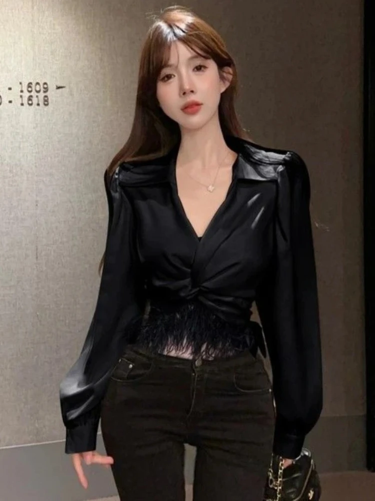 

Укороченный женский топ с V-образным вырезом, простые дешевые стильные рубашки с длинным рукавом Y2k, модные изысканные элегантные шикарные молодежные рубашки и блузки для женщин