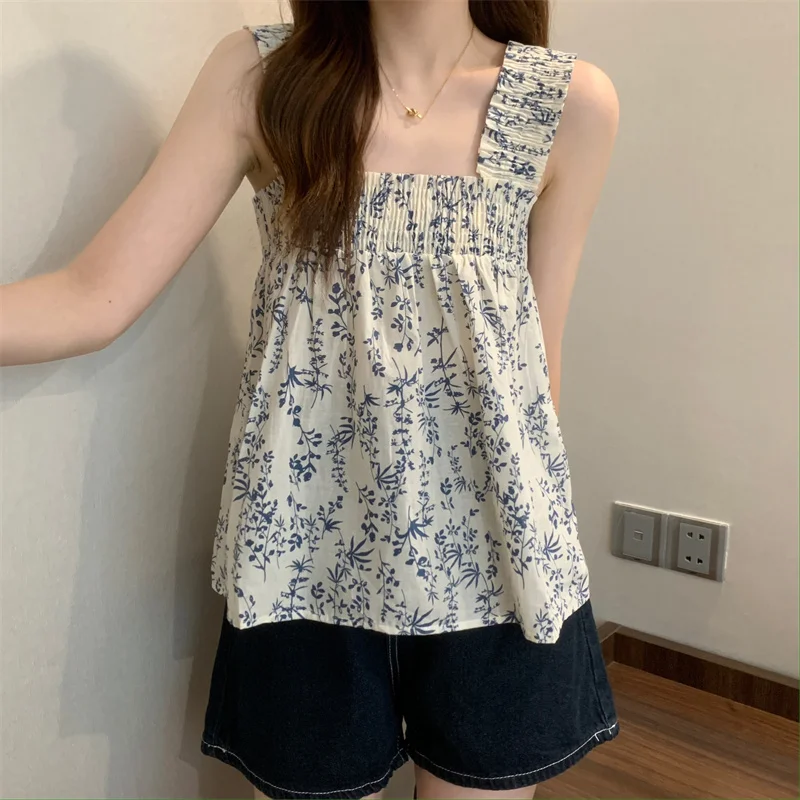 Korean Summer Floral Camisole Women Sleeveless Sling Square Neck Loose Doll Tank Tops