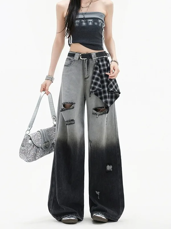 American High Street adient Color Blo Jeans a gamba larga Donna Pantaloni larghi a vita alta con taglio dritto Casual Colore puro