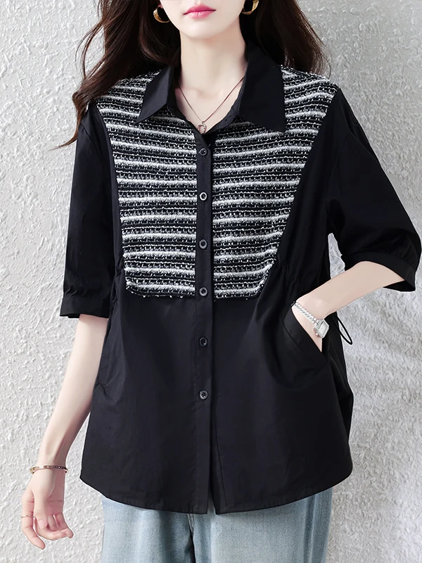 

Casual Stripe Patchwork Shirt Women's mid Sleeve Breathable Cotton Polyester Blend Spring Summer Fashion Elegant False Two-Piece