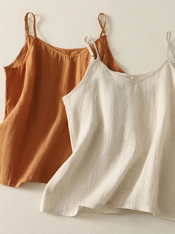 

Adjustable Pure Linen Strap Vest Women's Base Layer Single Wear Pure Color Versatile Top Comfortable Commute Style V-Neck
